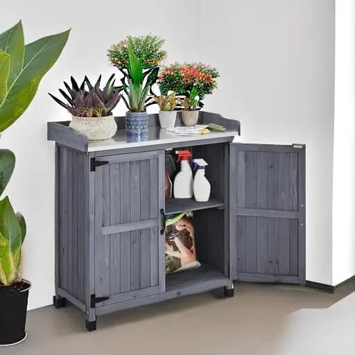Yaheetech Garden Potting Bench Table, Outdoor Garden Horticultural Wooden Storage Cabinet & Solid Wood Planting Work Bench with Large Space Storage & Metal-Plated Tabletop, Gray by GreenHaven Gardens