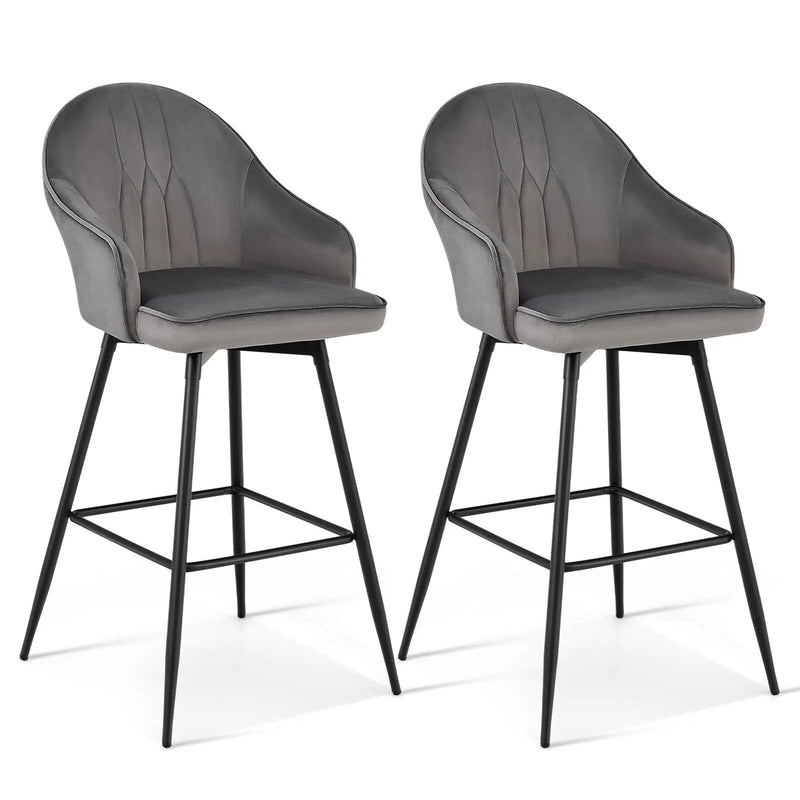 2 Pieces 29.5 Inch Pub Height Swivel Velvet Bar Stools with Metal Legs-Gray by DirectDeals