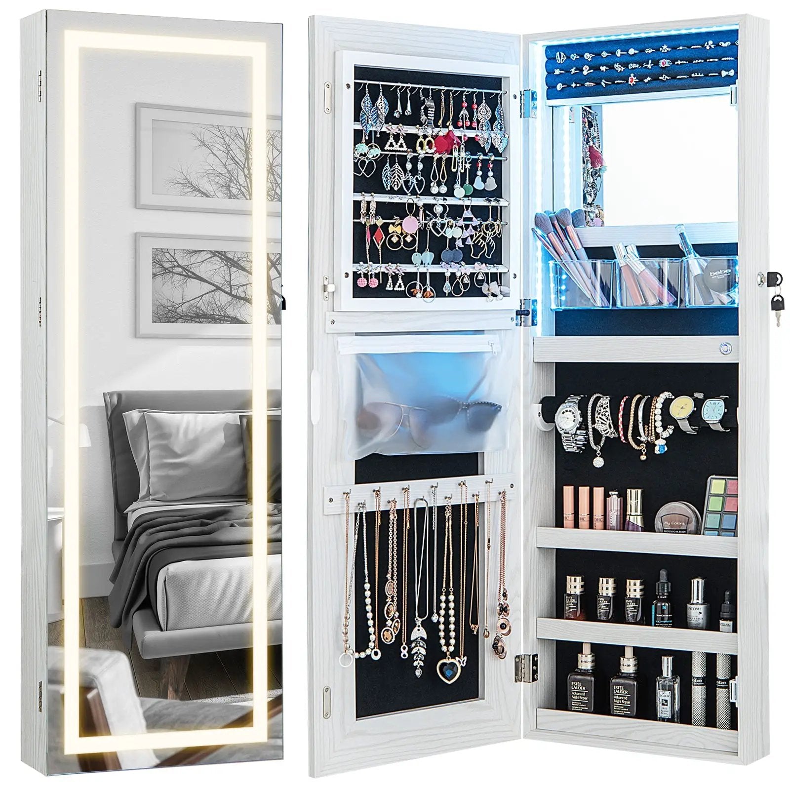42.5 Inches Lockable Jewelry Mirror Wall Cabinet with 3-Color LED Lights by DirectDeals