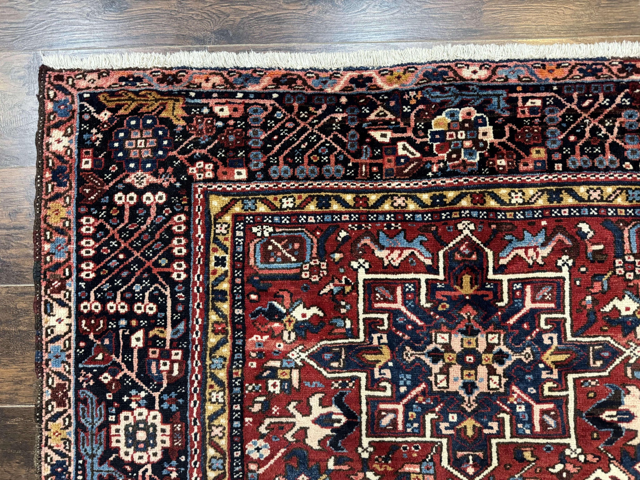 Persian Karajeh Rug 5x6, Antique Heriz Carpet, Geometric, Persian Tribal Rug, Brick Red Navy Blue by Jewel Rugs