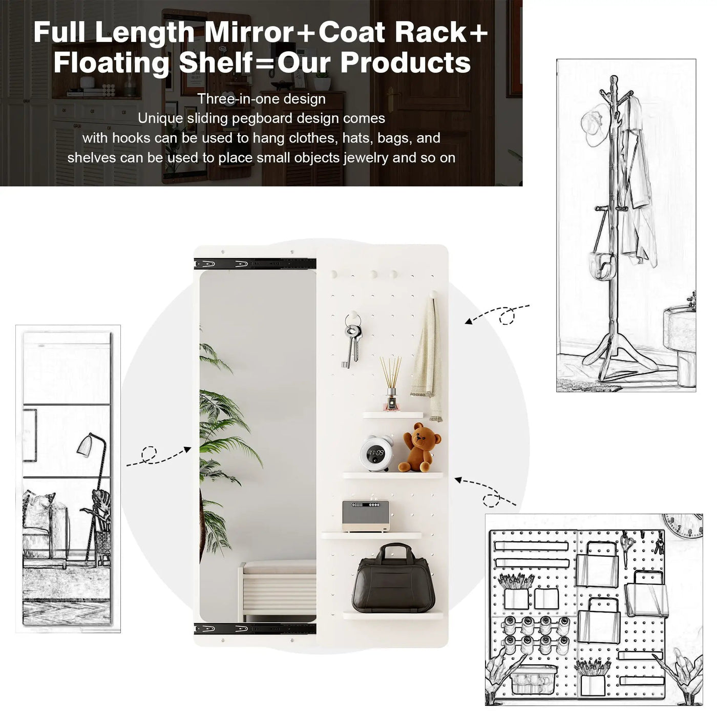 Wall Mounted Full Length Mirror With Shelf And Hook by HouseOfZazla