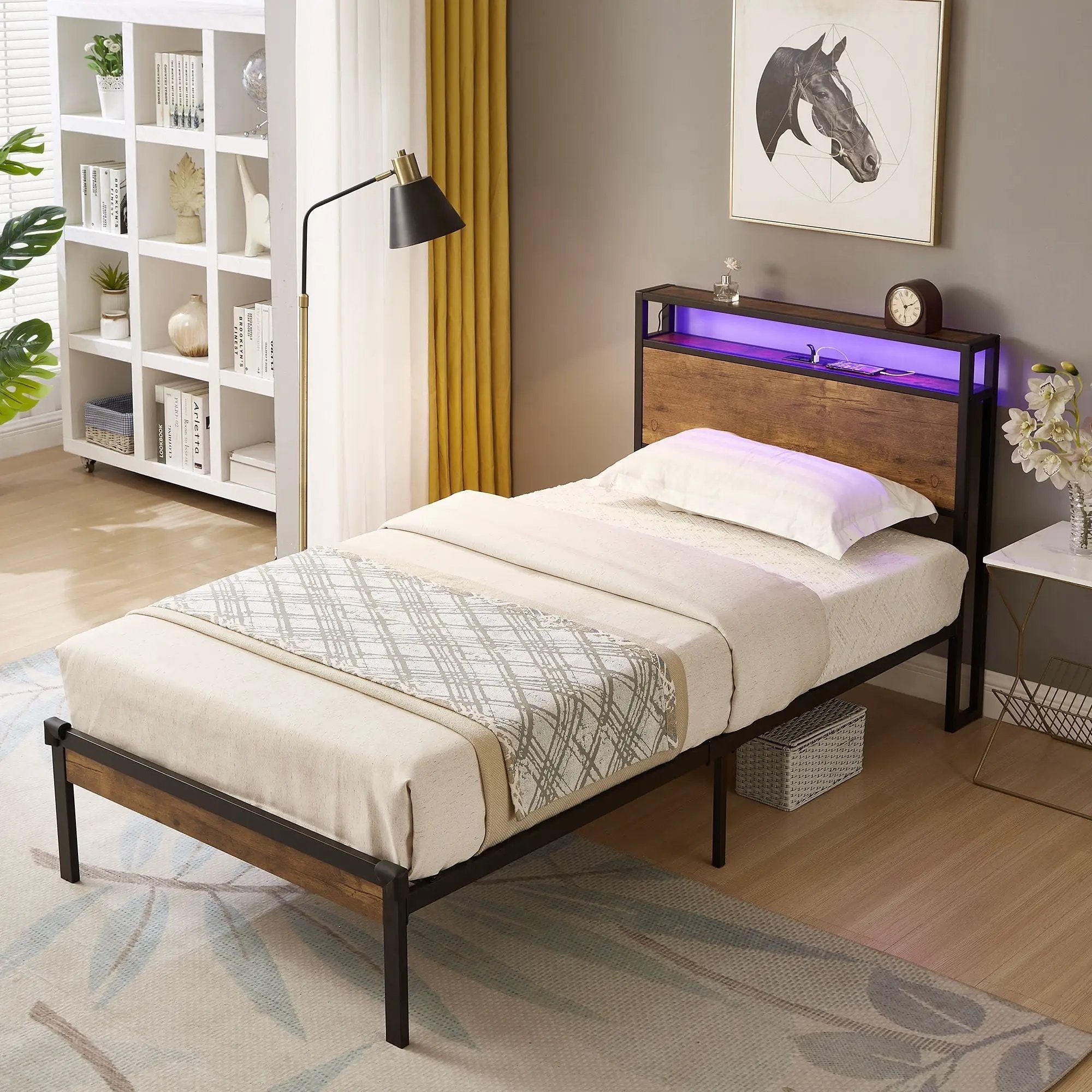 Twin Size Platform Bed Frame, LED Lights With Remote Control, USB Charging Port, Large Under Bed Storage - Black / Brown by HouseOfZazla