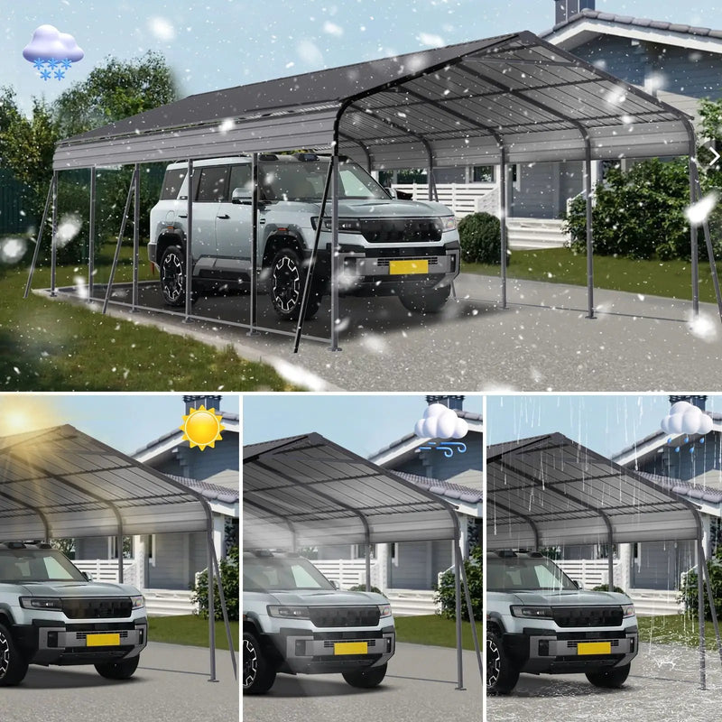 Metal Carport 13 X 26.5 Ft Heavy Duty With Galvanized Steel Roof Metal Garage Canopy With Galvanized Steel Roof & Frame Car Tent Outdoor Storage Shed For Car Boats And Truck - Gray by HouseOfZazla