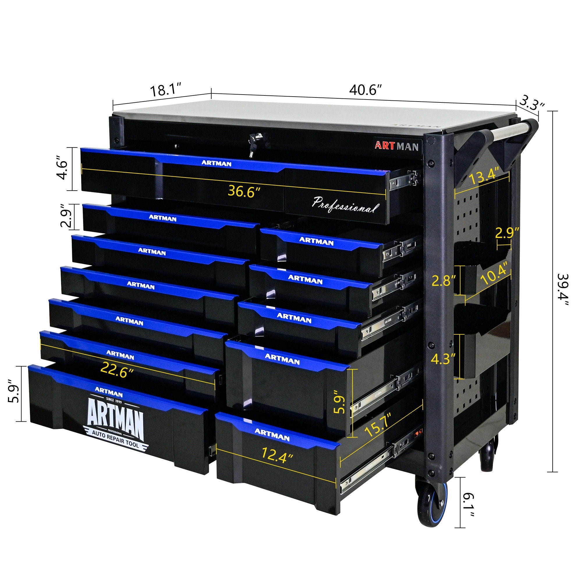 12 Layer Drawer Multi Purpose Tool Cart With Wheels And Iron Top - Black / Blue by HouseOfZazla