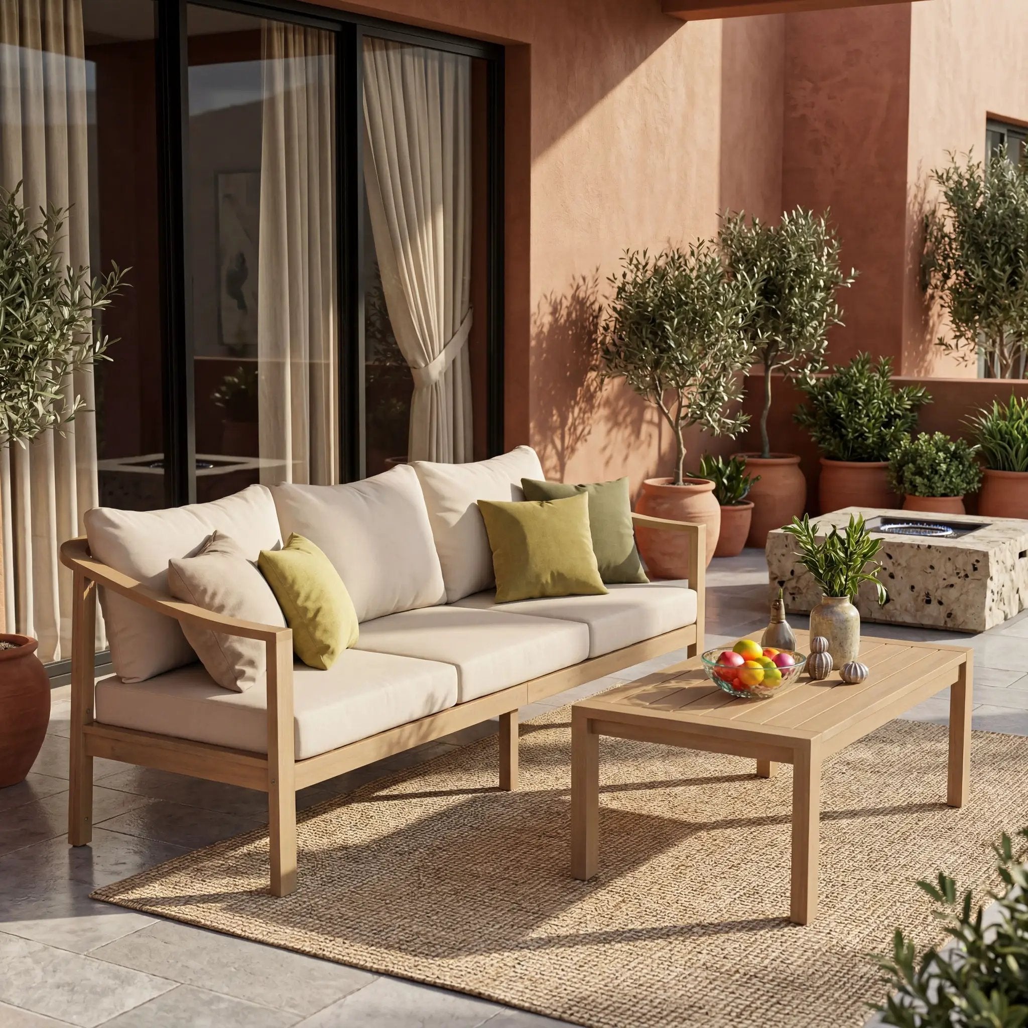 77.95" Outdoor Acacia Wood 3-Seater Sofa with Beige Cushions by HouseOfZazla