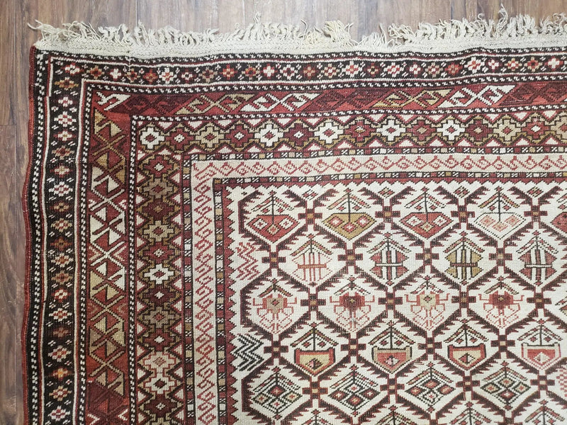 Antique Caucasian Shirvan Rug 4x6, Dagestan Area Rug, Wool Hand-Knotted Soft Red & Ivory 1920s Oriental Carpet, Soft Muted Colors by Jewel Rugs