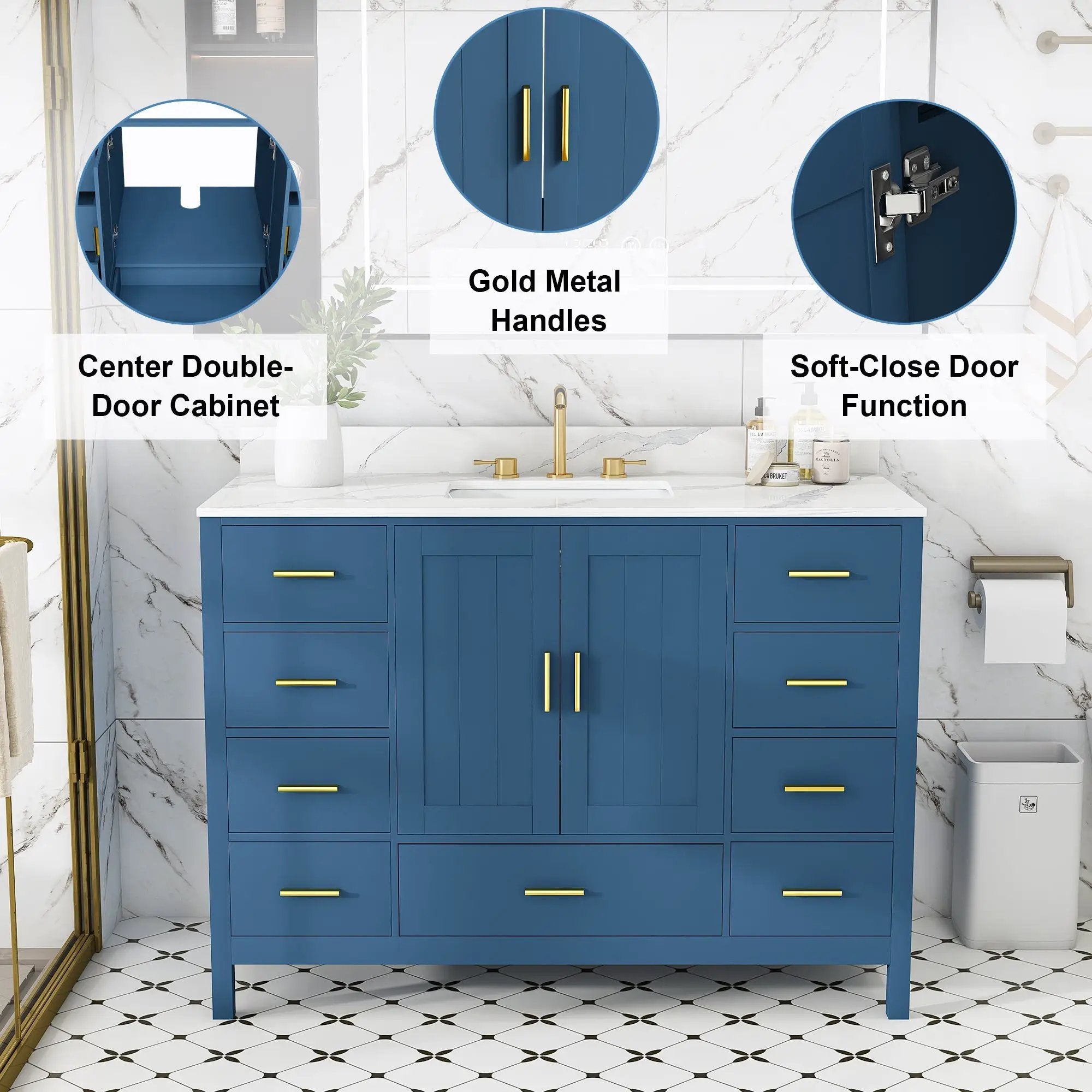 48" Bathroom Vanity Base Cabinet with 2 Soft-Close Double Doors & 9 Drawers by HouseOfZazla