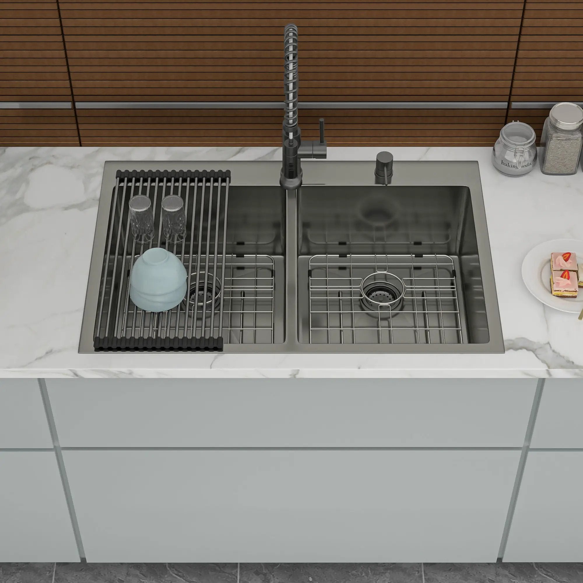 Double Bowl Drop In Kitchen Sink 33" X 22" With 16 Gauge Stainless Steel And 2 10" Deep Basins - Gunmetal Black by HouseOfZazla