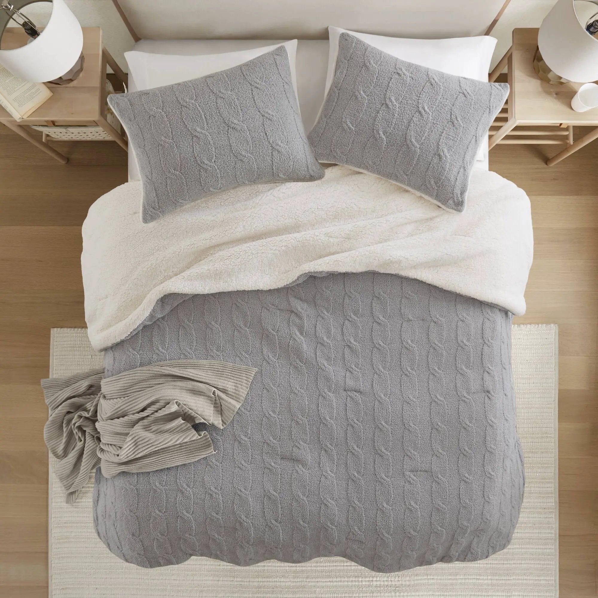 3 Pieces Full/Queen Cable Knit Chenille Comforter Set Gray by HouseOfZazla
