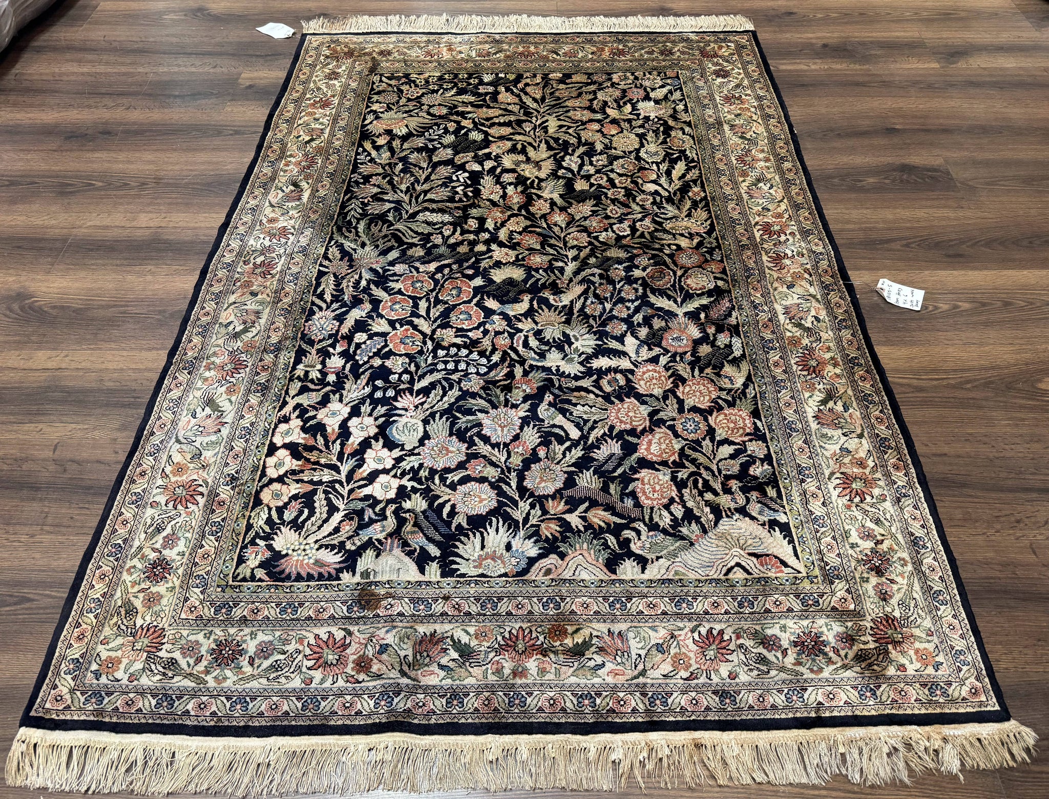 Silk Rug 4x6, Black and Cream, Floral & Bird Pictorials, Fine 330 KPSI, Sino Persian Rug by Jewel Rugs