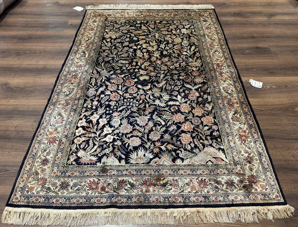 Silk Rug 4x6, Black and Cream, Floral & Bird Pictorials, Fine 330 KPSI, Sino Persian Rug, photo 2 of 13