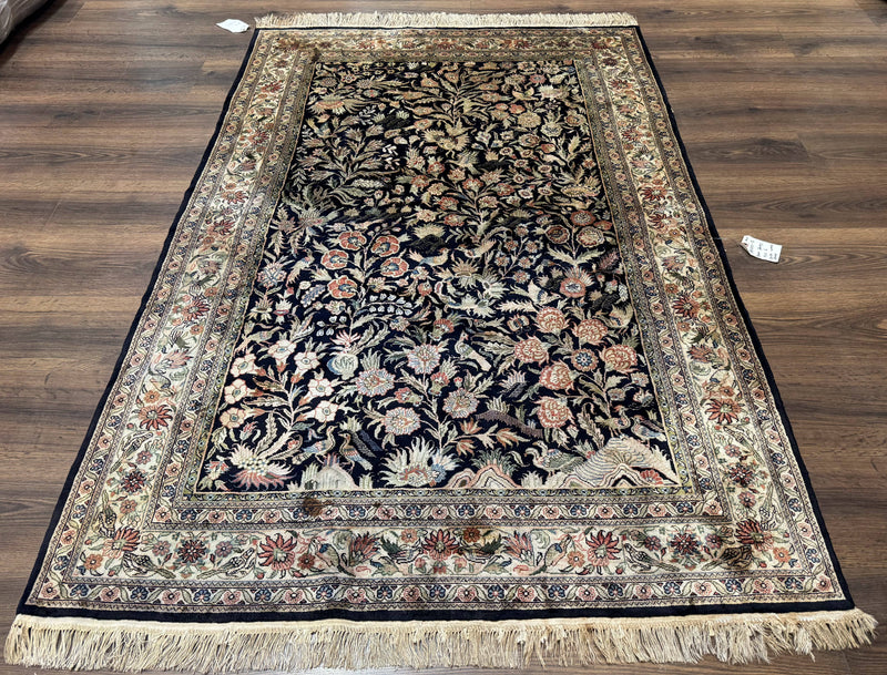 Silk Rug 4x6, Black and Cream, Floral & Bird Pictorials, Fine 330 KPSI, Sino Persian Rug by Jewel Rugs