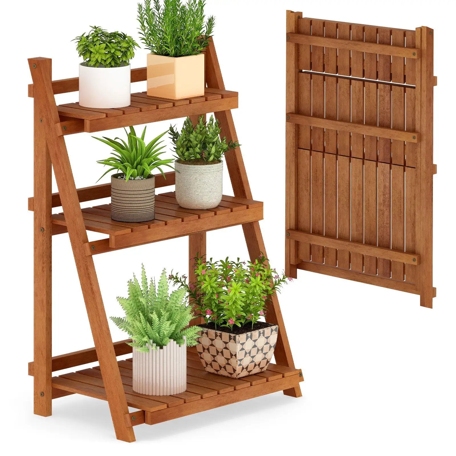 Foldable 3-Tier Solid Wood Plant Stand for Patio Balcony by DirectDeals