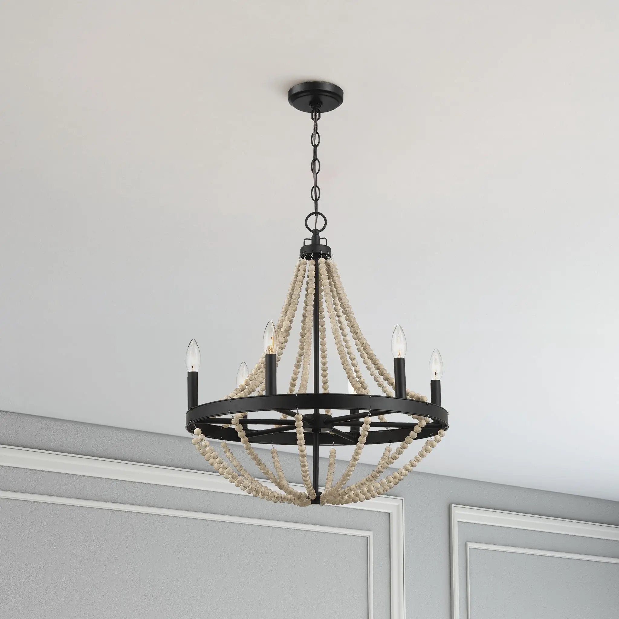 Starry - Chandelier 6 Candle Light Wood Beaded Pendant Light For Dining Room - Black / Clear by Unique Piece Furniture