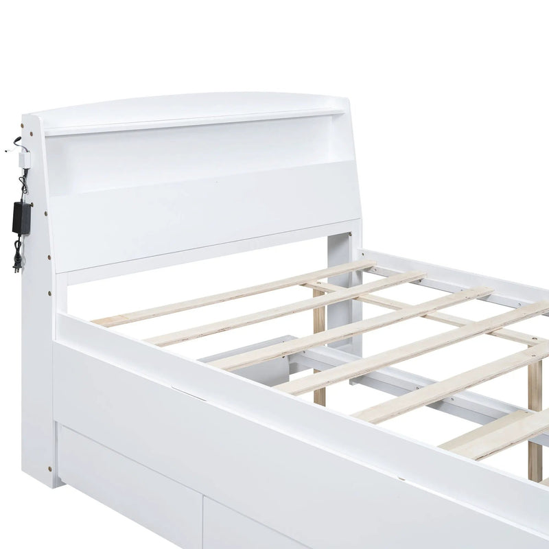 Full Size Platform Bed With Storage LED Headboard, Twin Trundle And 3 Drawers - White by HouseOfZazla