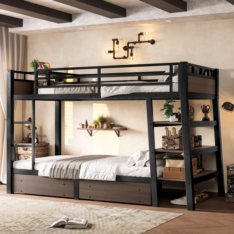 Twin Size Metal Bunk Bed with Storage Shelves, LED Light Strip, and USB Power Strip by HouseOfZazla