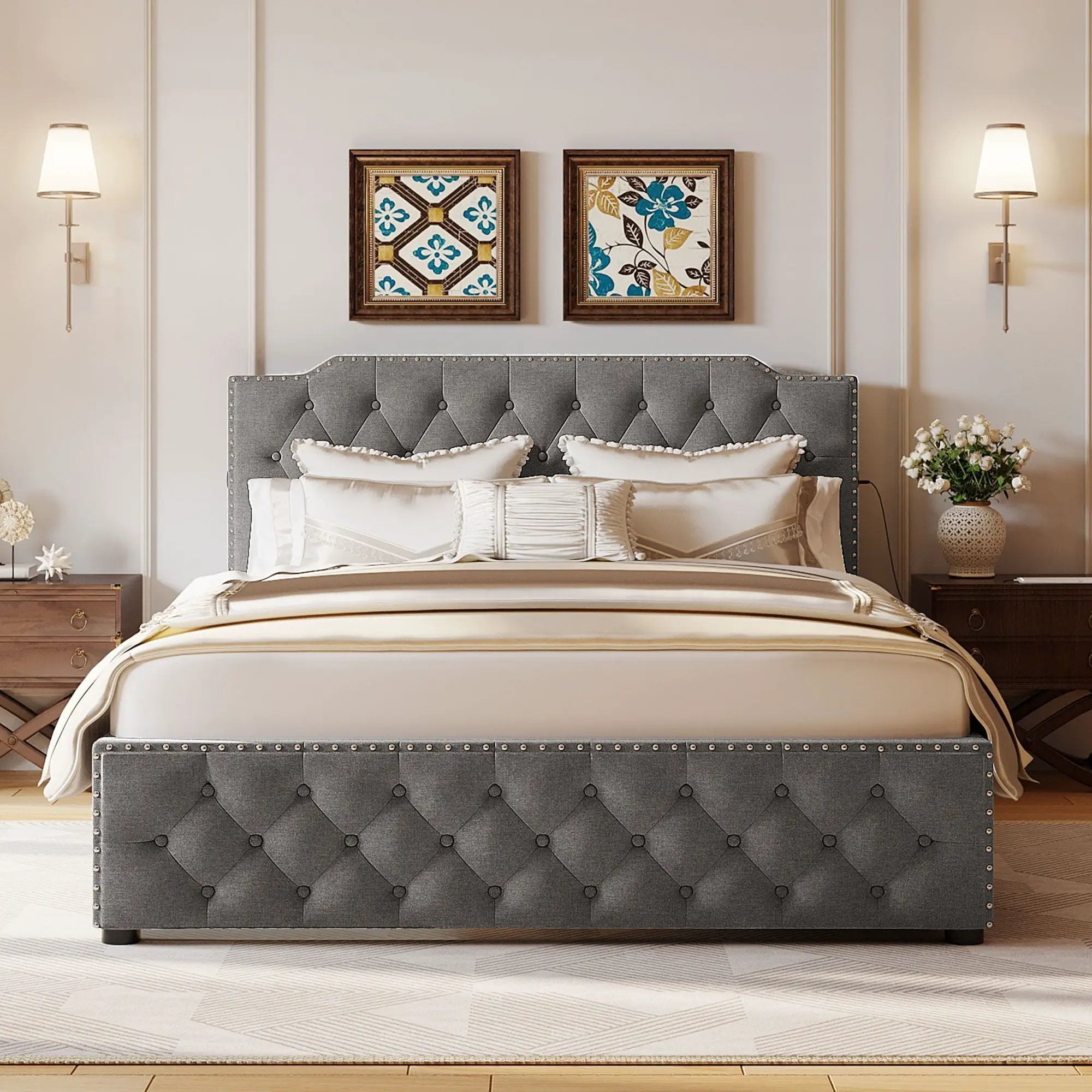 Upholstered Platform Bed With 2 Drawers And 2 Sets Of USB Ports On Each Side, Fabric by Unique Piece Furniture