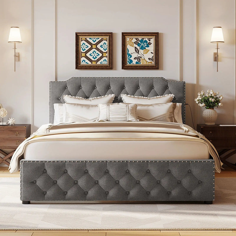 Upholstered Platform Bed With 2 Drawers And 2 Sets Of USB Ports On Each Side, Fabric by Unique Piece Furniture