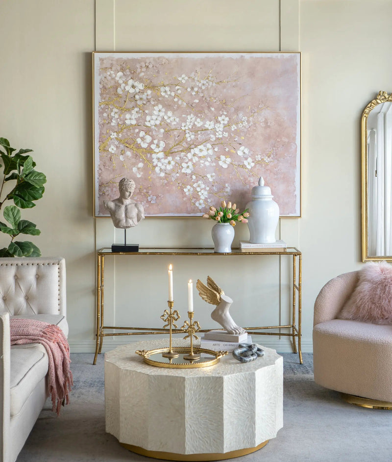 59.1x47.2 Hand-Painted Cherry Blossom Canvas Art with Blush Pink and White Finish by HouseOfZazla