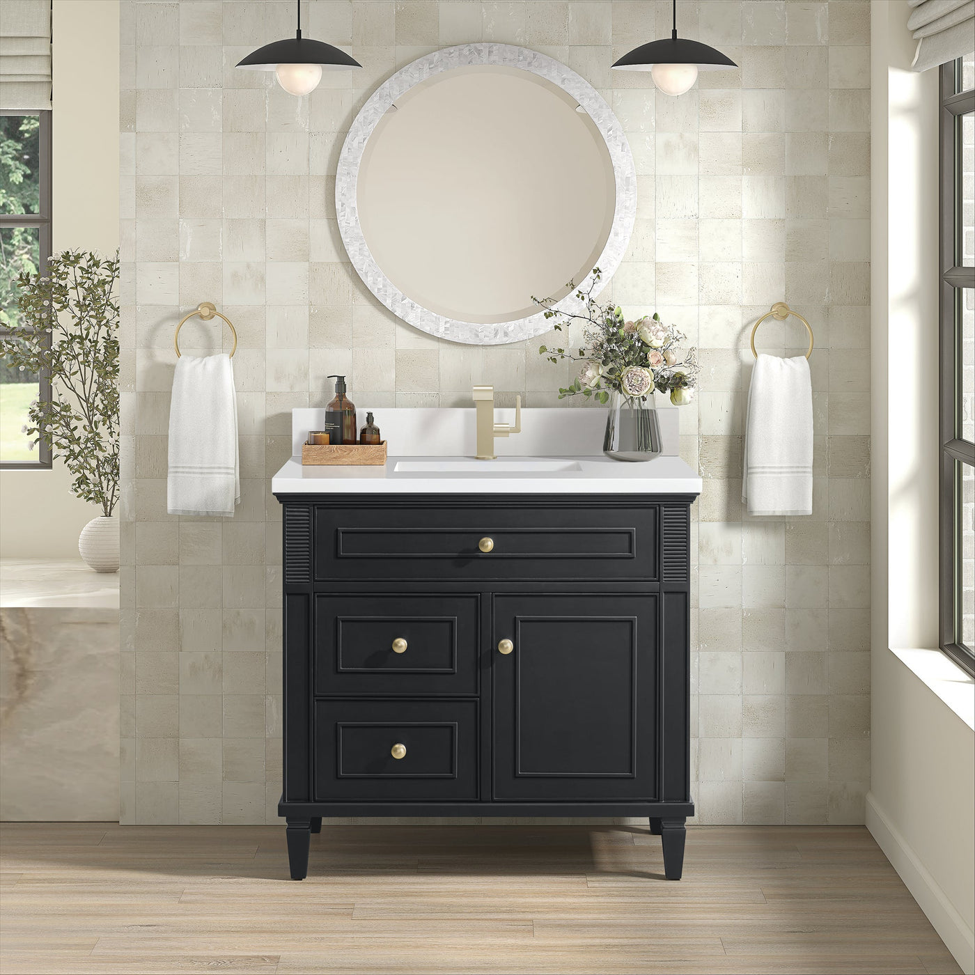 James Martin Lorelai 36" Single Bathroom Vanity, Black Onyx with White Zeus (Single Hole, with Backsplash) countertop