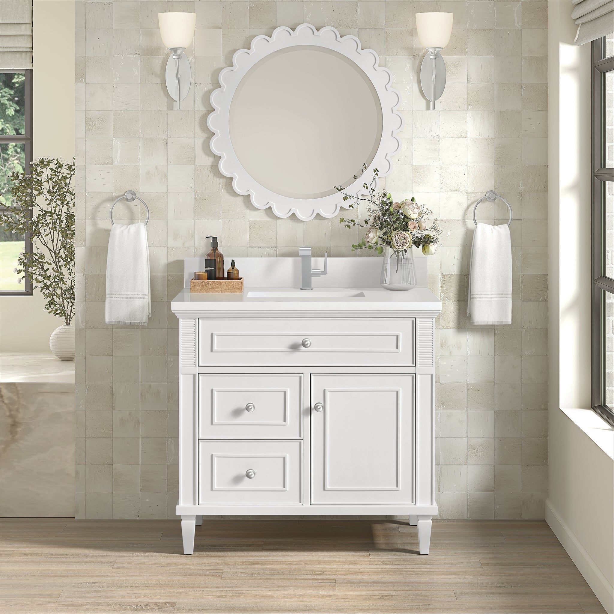 James Martin Lorelai 36" Single Bathroom Vanity, Bright White with White Zeus (Single Hole, with Backsplash) countertop