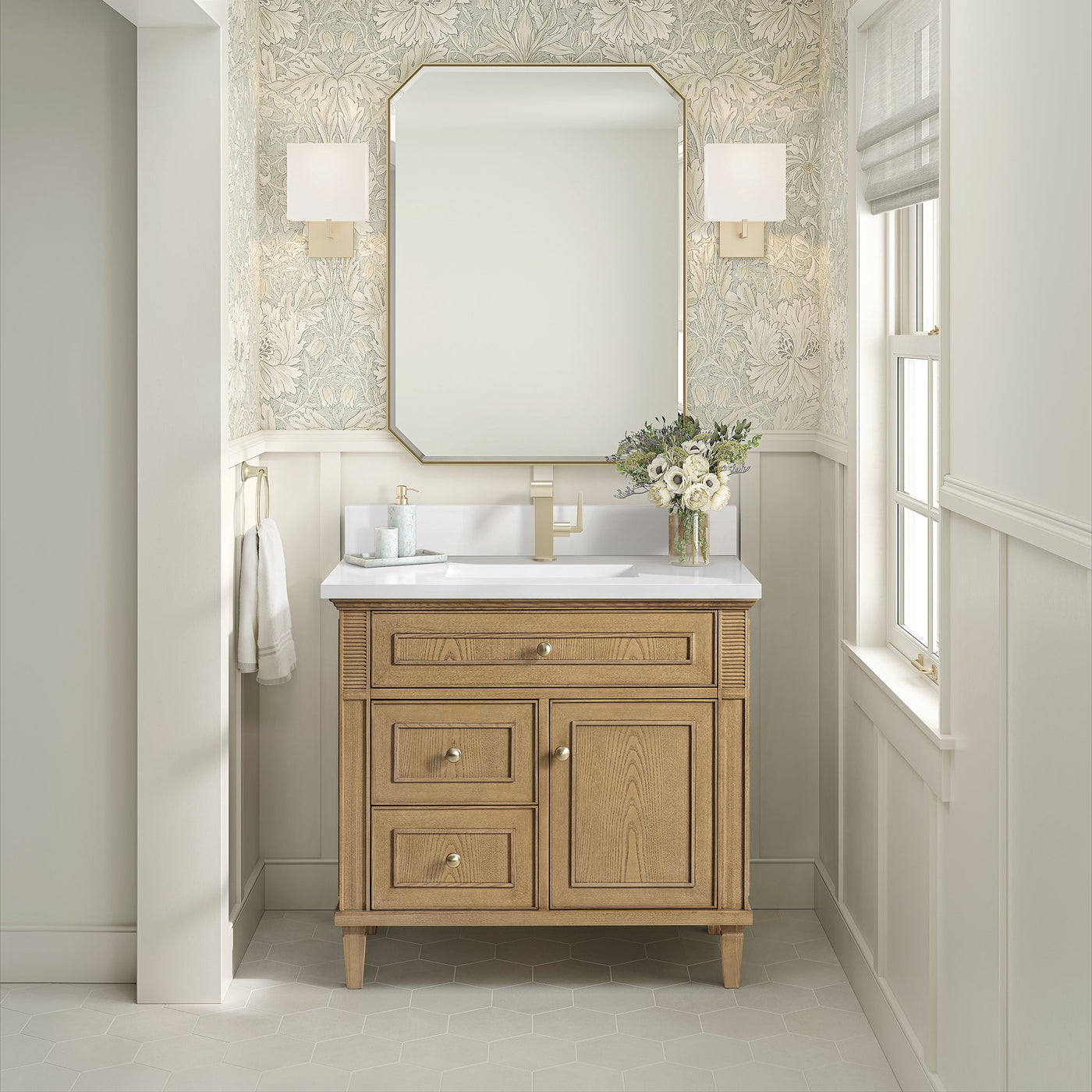 James Martin Lorelai 36" Single Bathroom Vanity, Light Natural Oak with White Zeus (Single Hole, with Backsplash) countertop