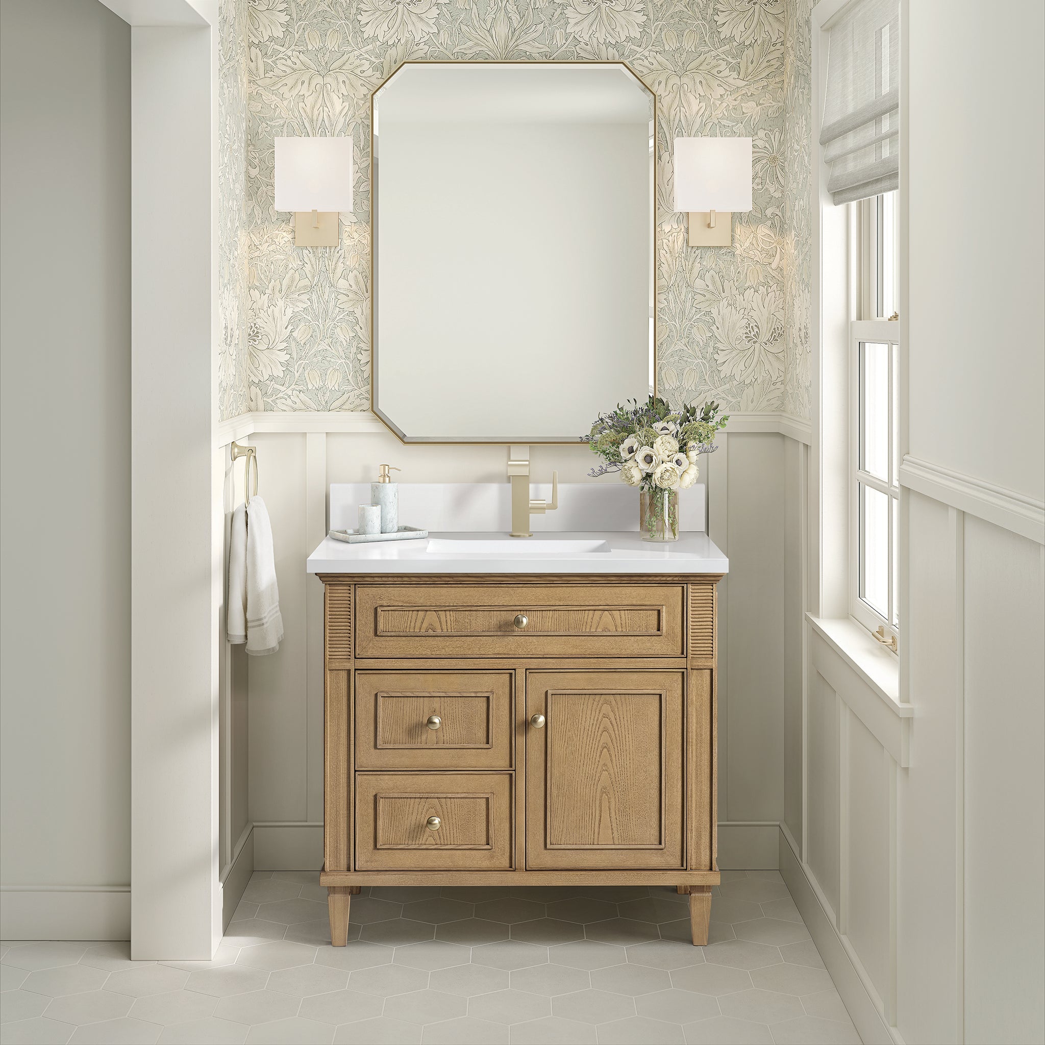 James Martin Lorelai 36" Single Bathroom Vanity, Light Natural Oak with White Zeus (Single Hole, with Backsplash) countertop