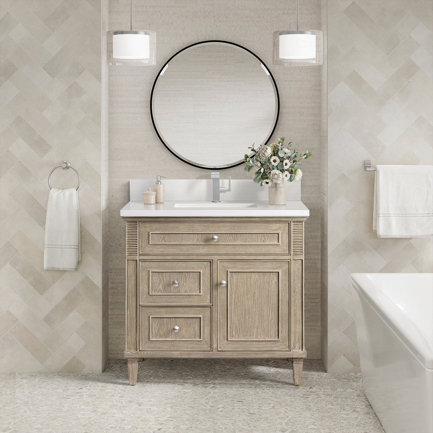 James Martin Lorelai 36" Single Bathroom Vanity, Whitewashed Oak with White Zeus (Single Hole, with Backsplash) countertop