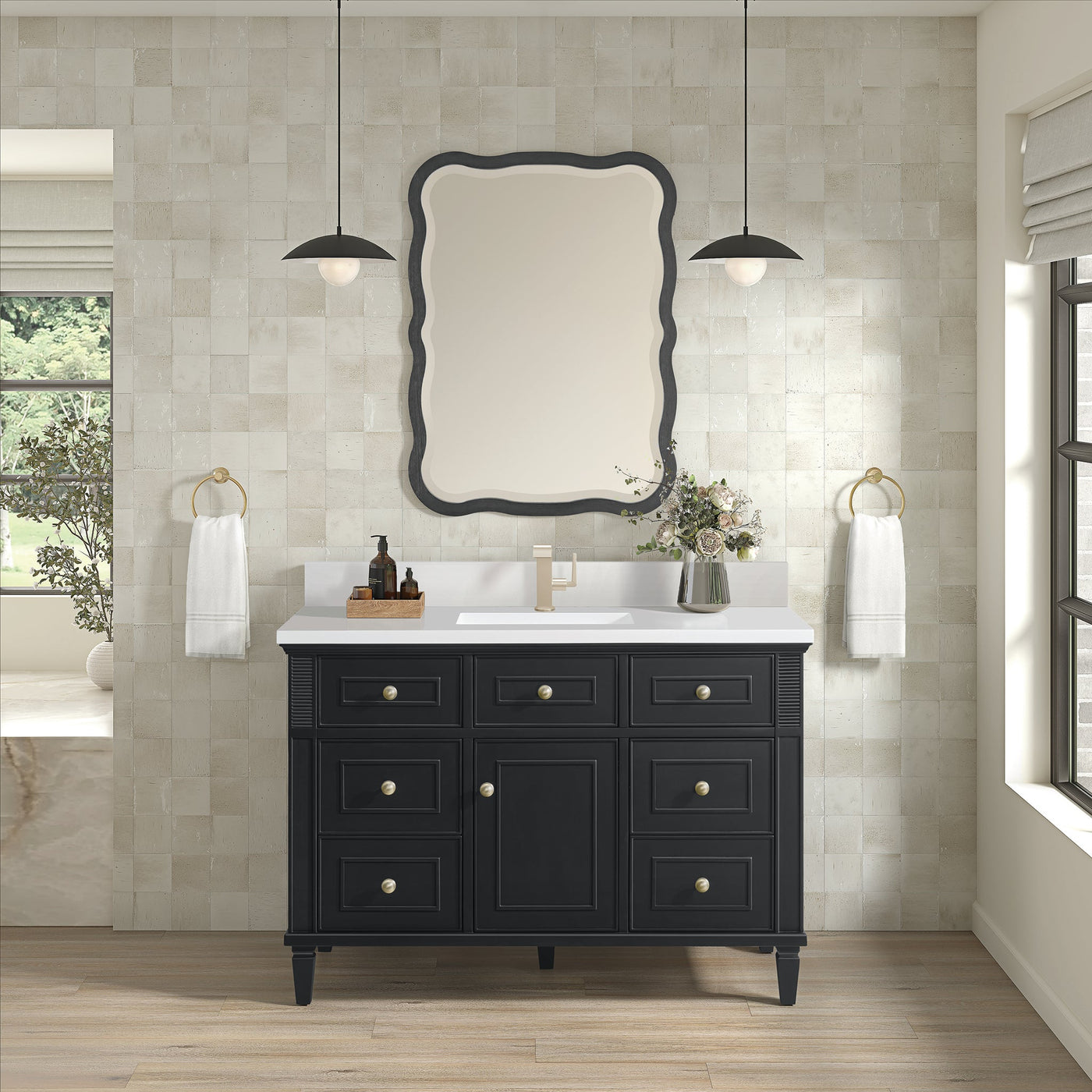 James Martin Lorelai 48" Single Bathroom Vanity, Black Onyx with White Zeus (Single Hole, with Backsplash) countertop