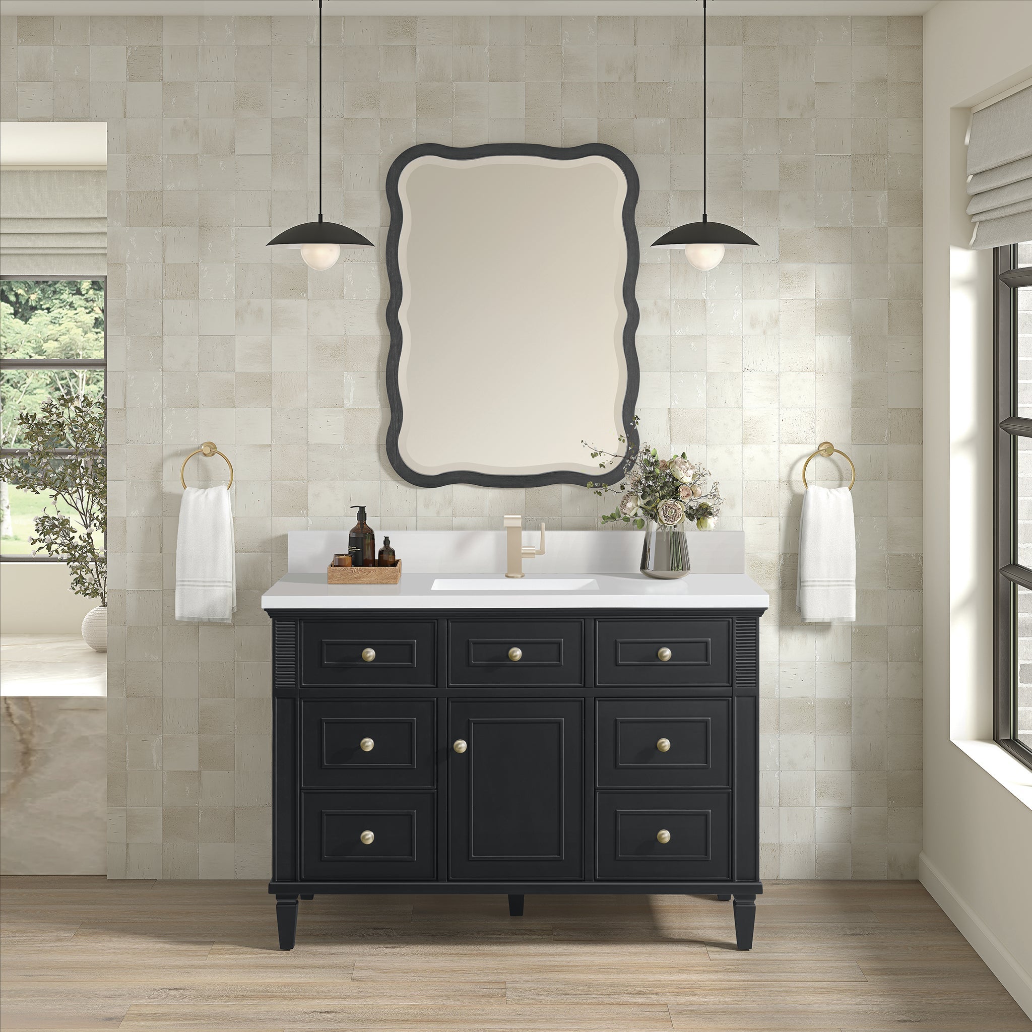 James Martin Lorelai 48" Single Bathroom Vanity, Black Onyx with White Zeus (Single Hole, with Backsplash) countertop