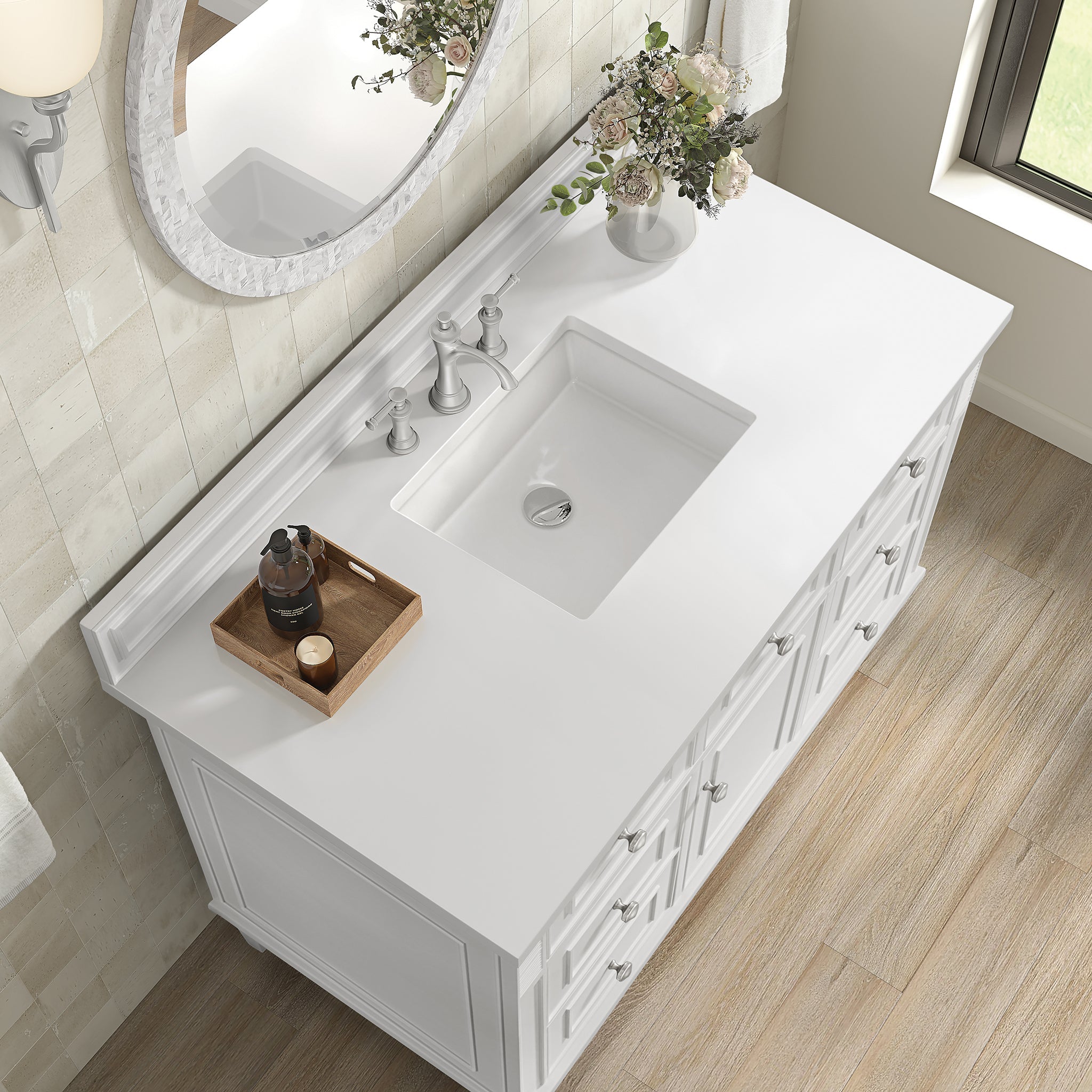 James Martin Lorelai 48" Single Bathroom Vanity, Bright White with White Zeus countertop