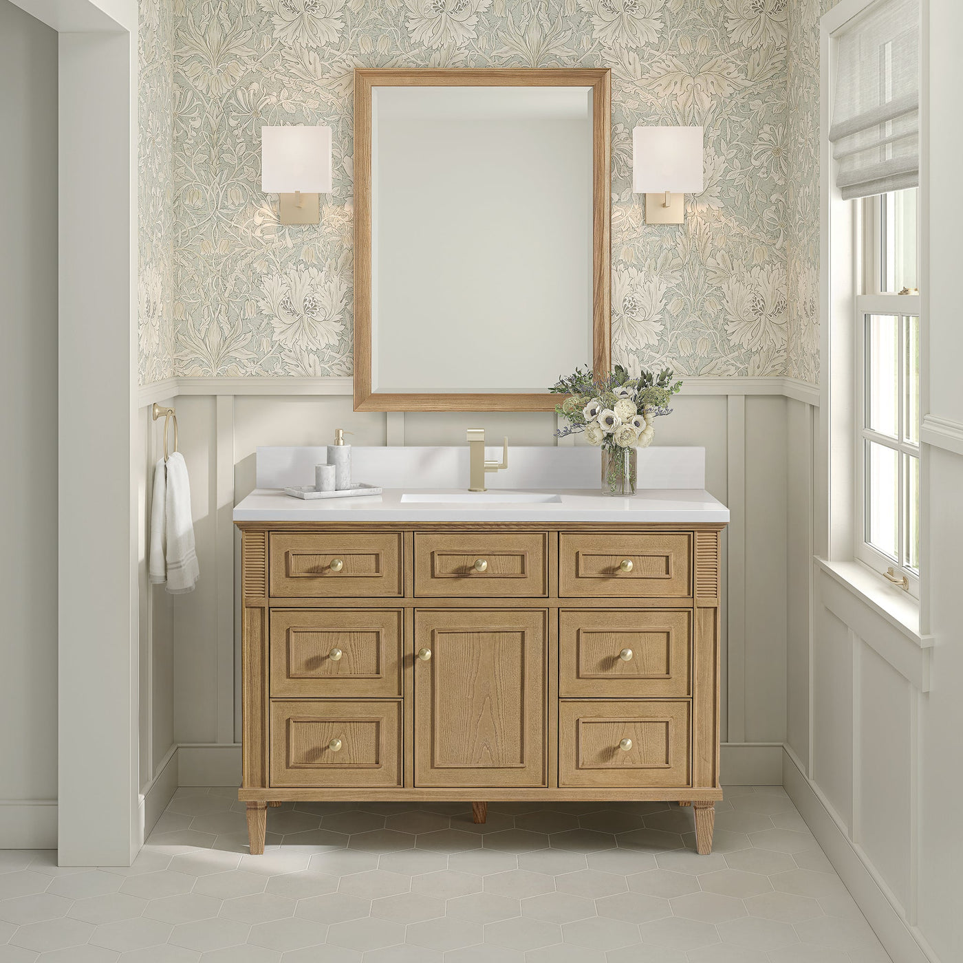 James Martin Lorelai 48" Single Bathroom Vanity, Light Natural Oak with White Zeus (Single Hole, with Backsplash) countertop