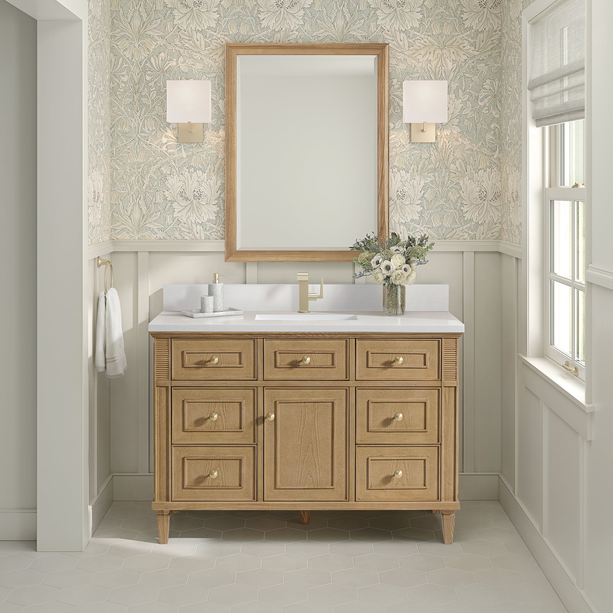 James Martin Lorelai 48" Single Bathroom Vanity, Light Natural Oak with White Zeus (Single Hole, with Backsplash) countertop