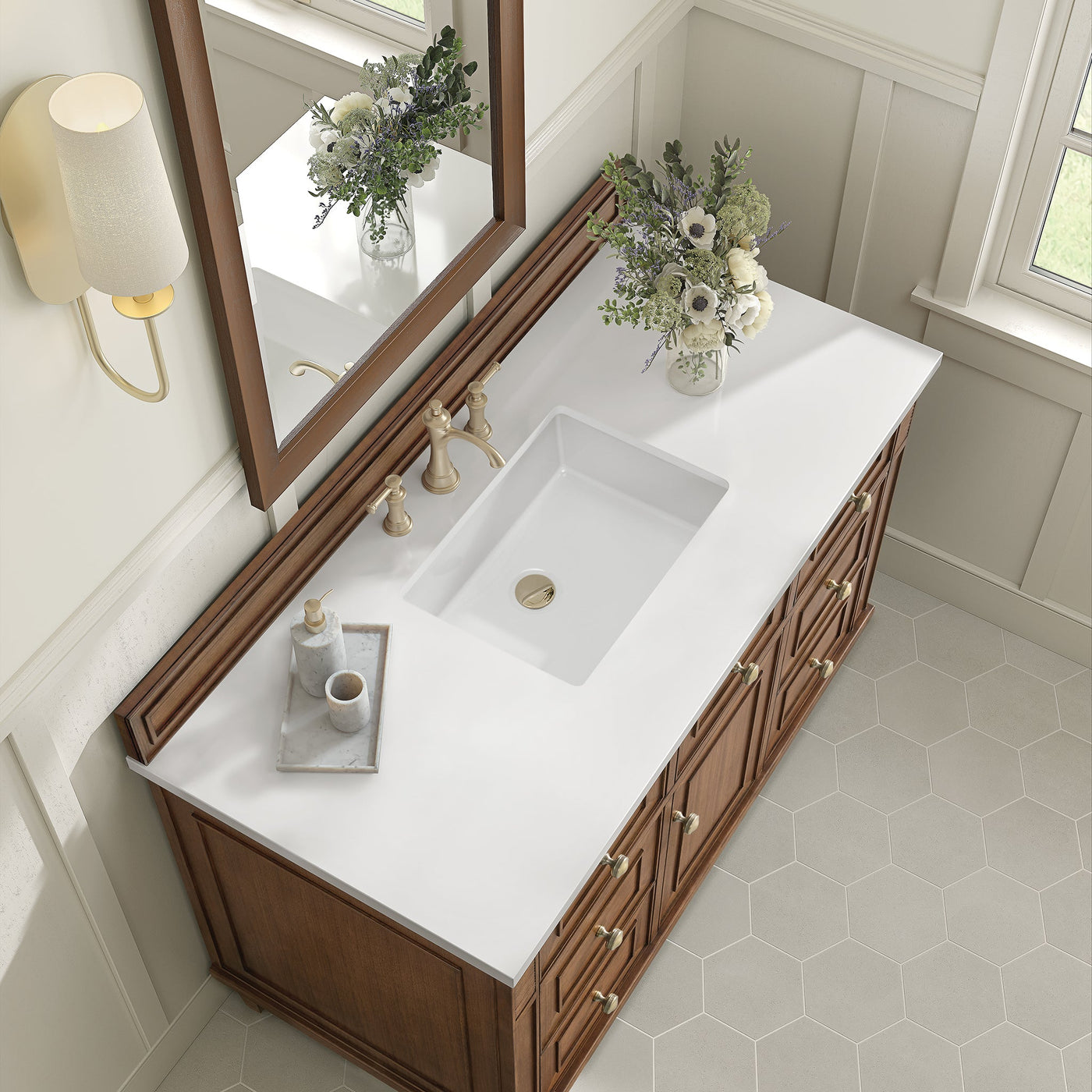 James Martin Lorelai 48" Single Bathroom Vanity, Mid-Century Walnut with White Zeus countertop