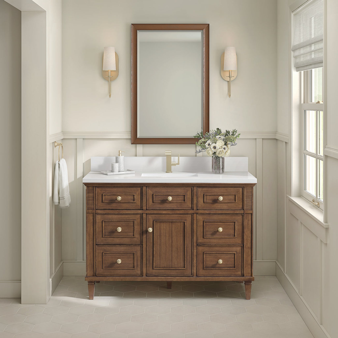 James Martin Lorelai 48" Single Bathroom Vanity, Mid-Century Walnut with White Zeus (Single Hole, with Backsplash) countertop