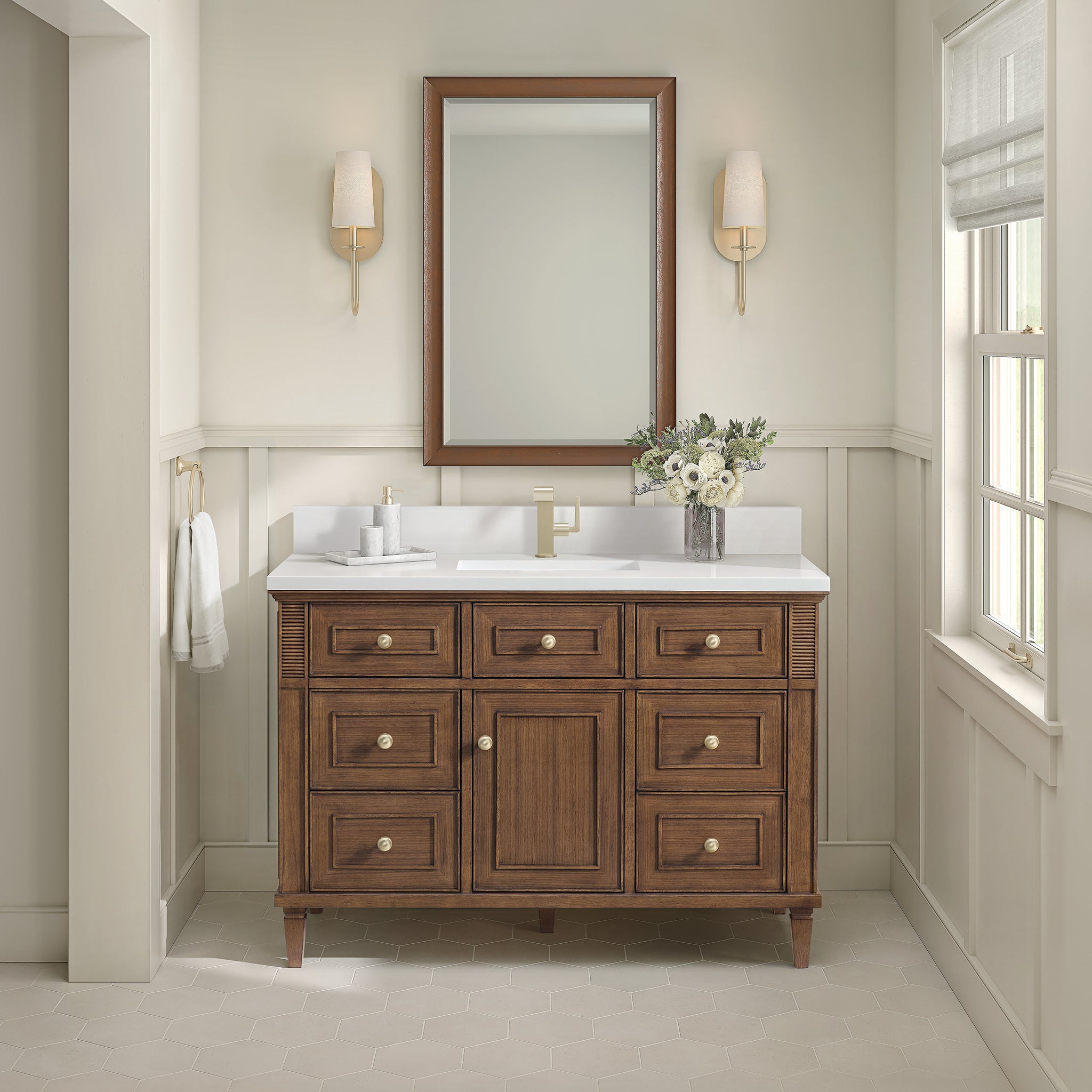James Martin Lorelai 48" Single Bathroom Vanity, Mid-Century Walnut with White Zeus (Single Hole, with Backsplash) countertop
