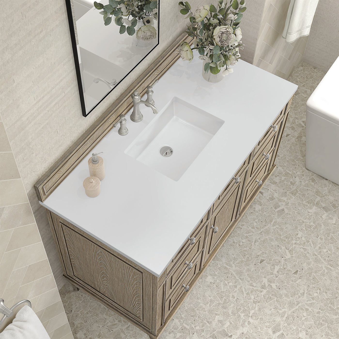 James Martin Lorelai 48" Single Bathroom Vanity, Whitewashed Oak with White Zeus countertop