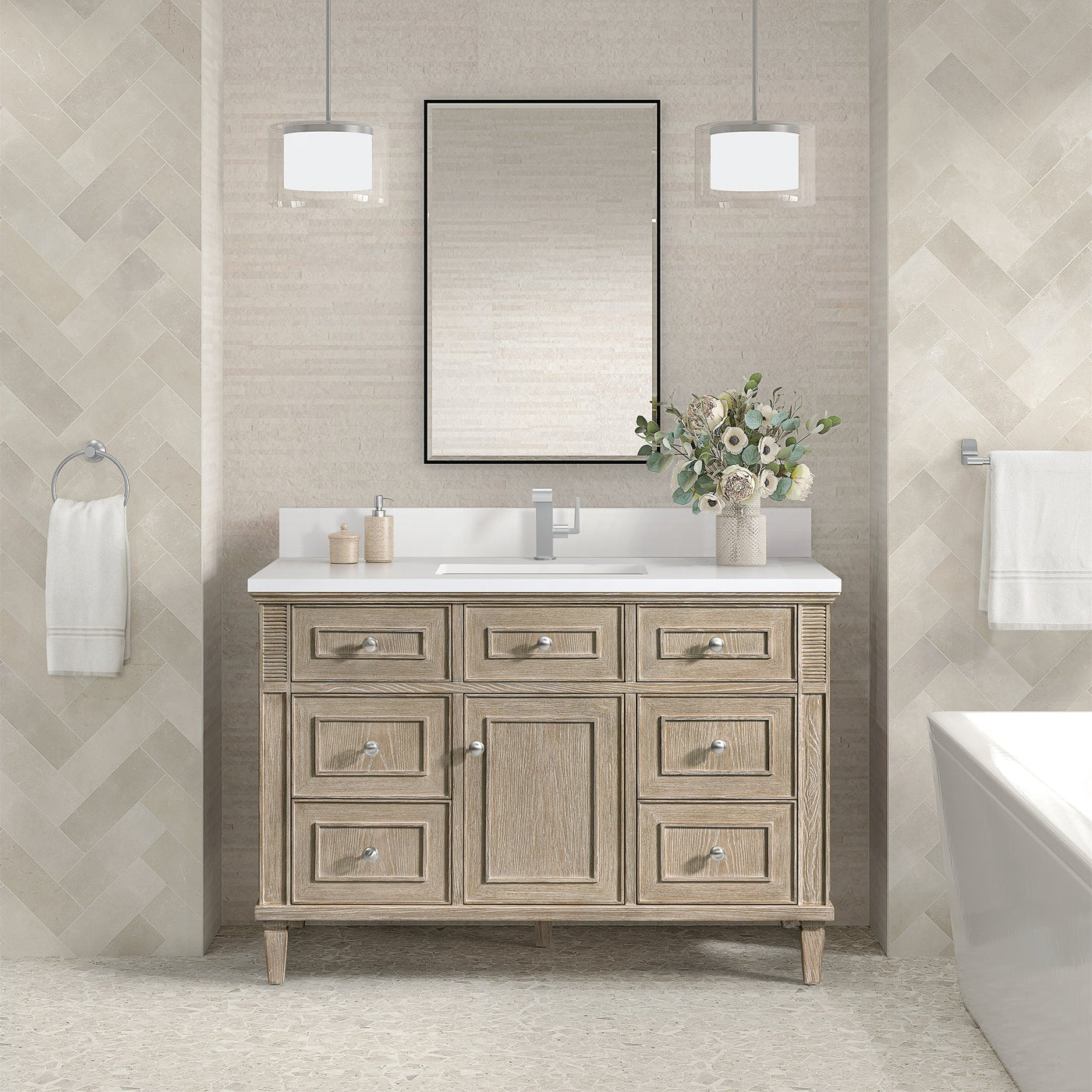 James Martin Lorelai 48" Single Bathroom Vanity, Whitewashed Oak with White Zeus (Single Hole, with Backsplash) countertop