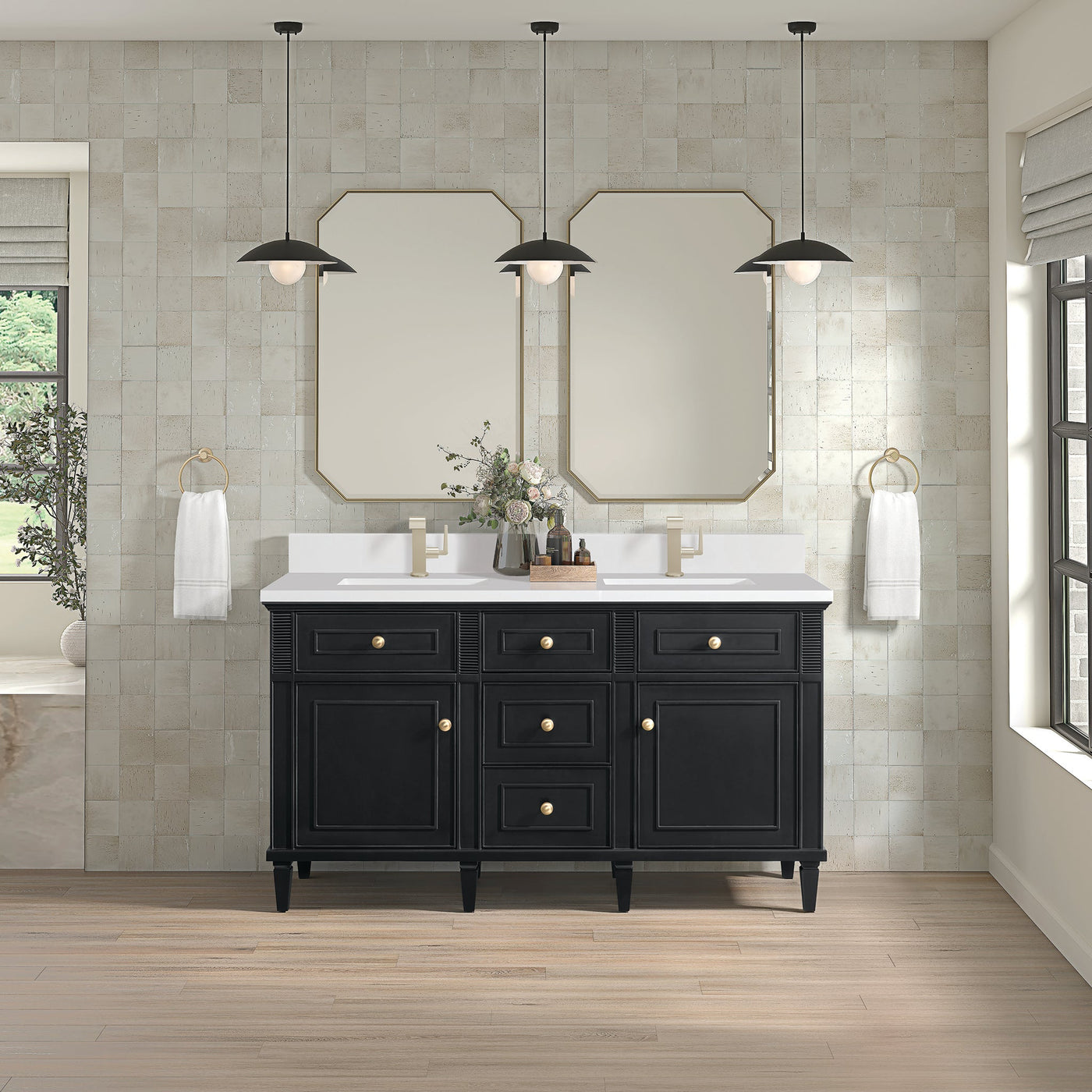James Martin Lorelai 60" Double Bathroom Vanity, Black Onyx with White Zeus (Single Hole, with Backsplash) countertop