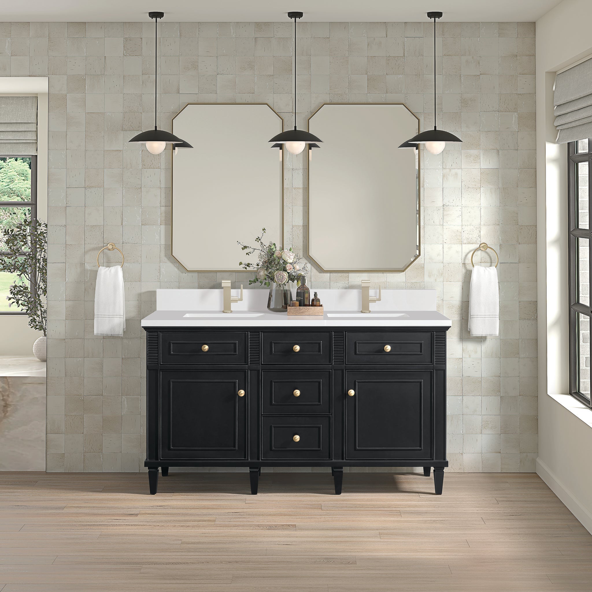 James Martin Lorelai 60" Double Bathroom Vanity, Black Onyx with White Zeus (Single Hole, with Backsplash) countertop