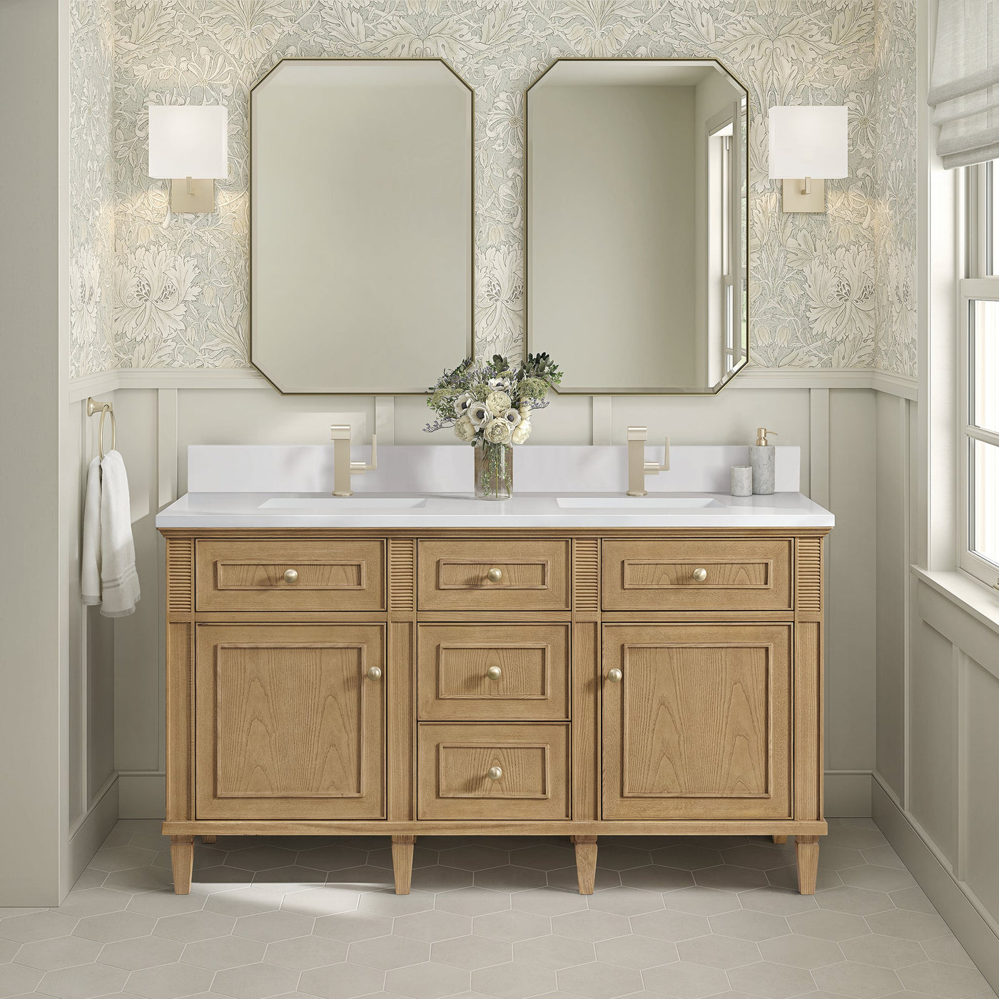 James Martin Lorelai 60" Double Bathroom Vanity, Light Natural Oak with White Zeus (Single Hole, with Backsplash) countertop