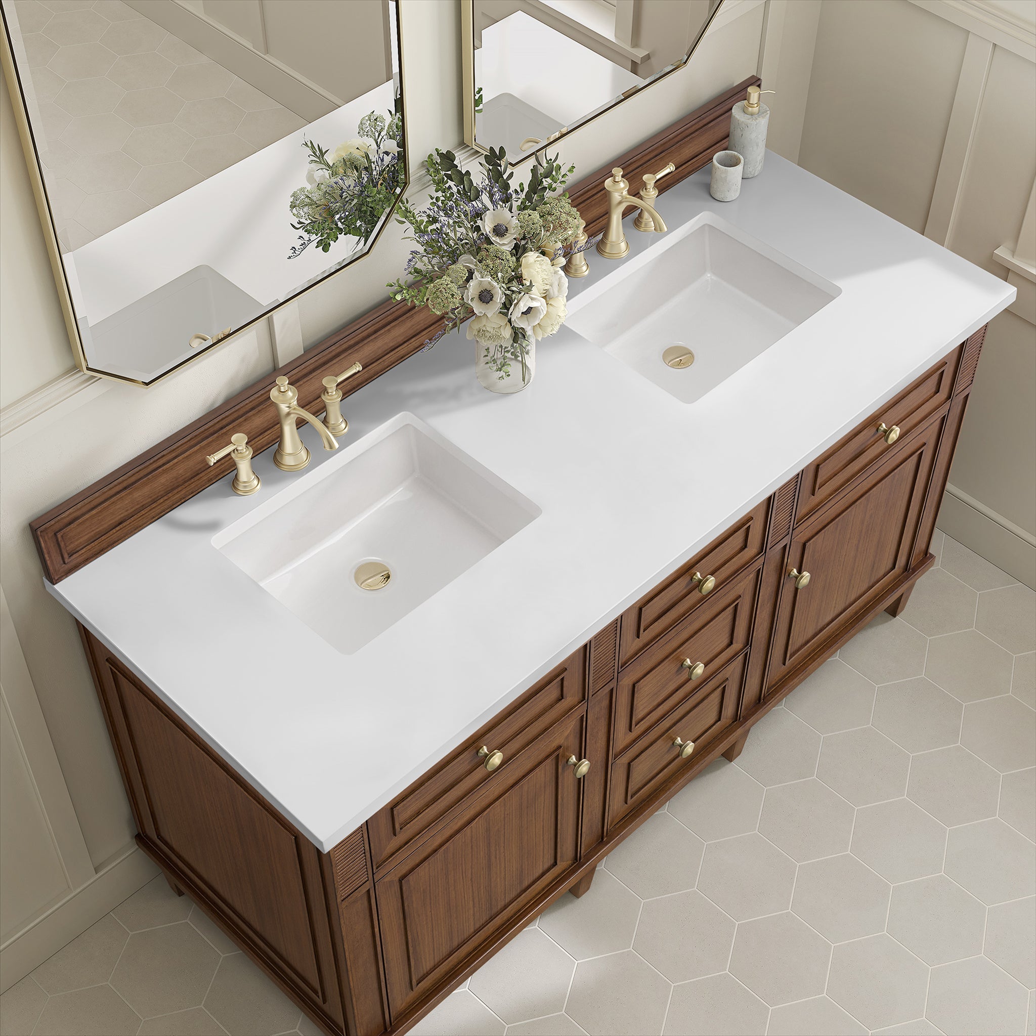 James Martin Lorelai 60" Double Bathroom Vanity, Mid-Century Walnut with White Zeus countertop