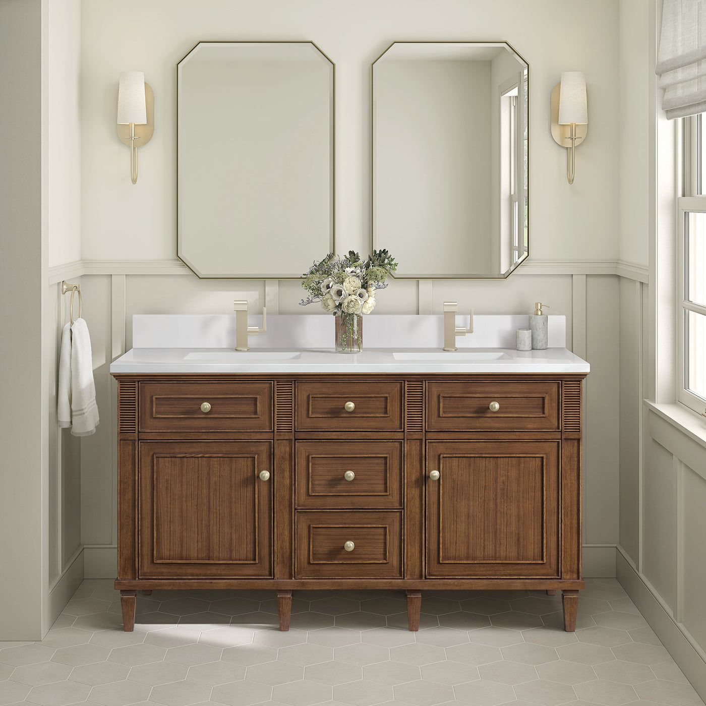 James Martin Lorelai 60" Double Bathroom Vanity, Mid-Century Walnut with White Zeus (Single Hole, with Backsplash) countertop