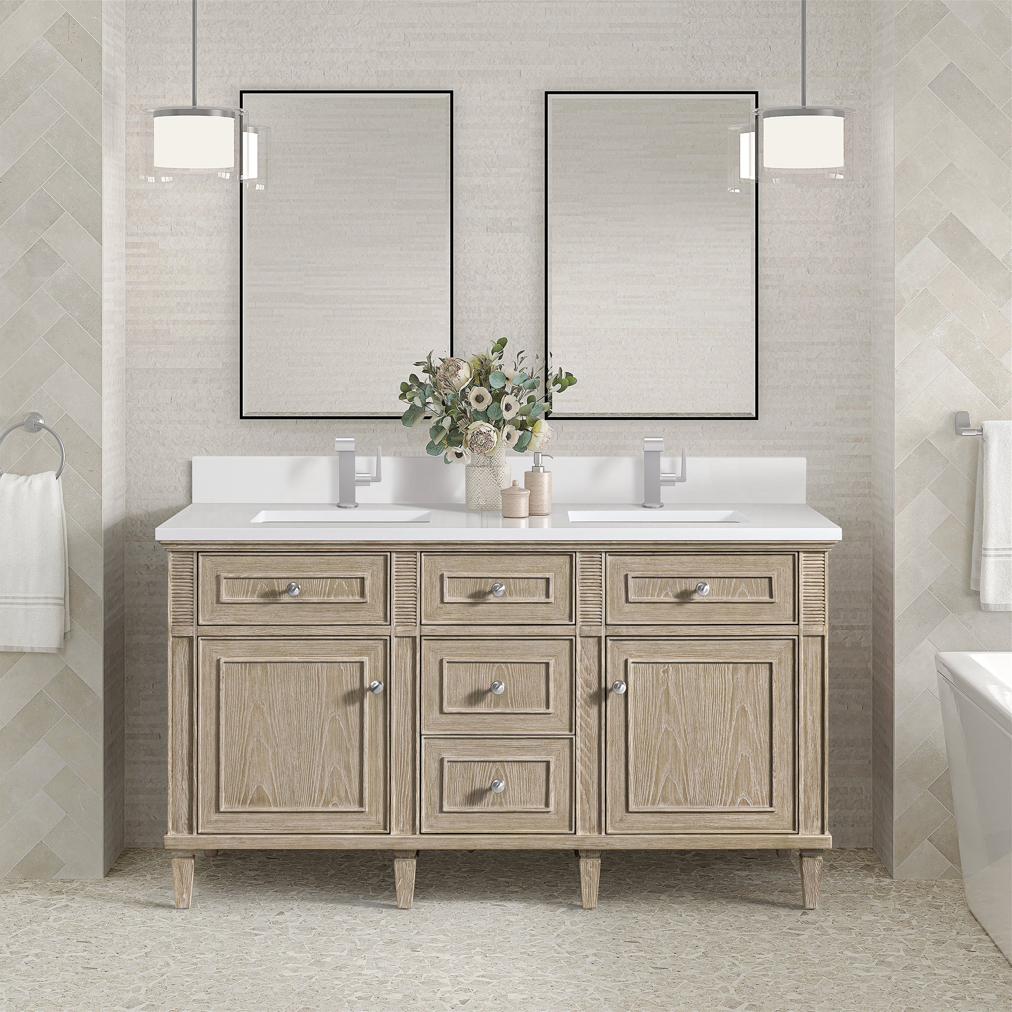 James Martin Lorelai 60" Double Bathroom Vanity, Whitewashed Oak with White Zeus (Single Hole, with Backsplash) countertop