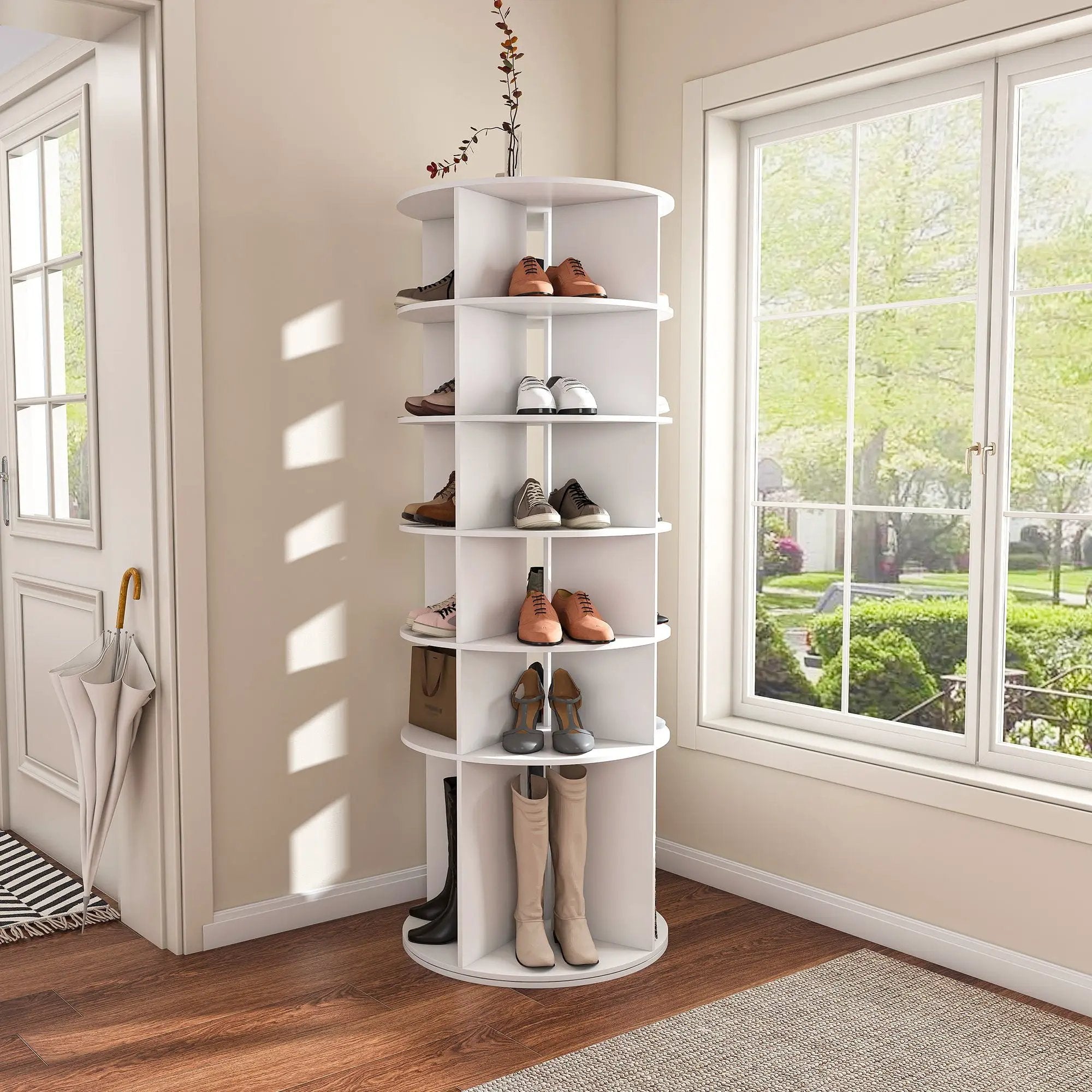 6 Tier Spinning Shoe Rack, Free Standing 360° Revolving Shoe Organizer - White by HouseOfZazla