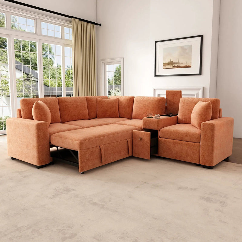 Modular L-Shaped Sectional Sofa Bed With Pull-Out Sleeper, Cup Holders, And Storage by HouseOfZazla