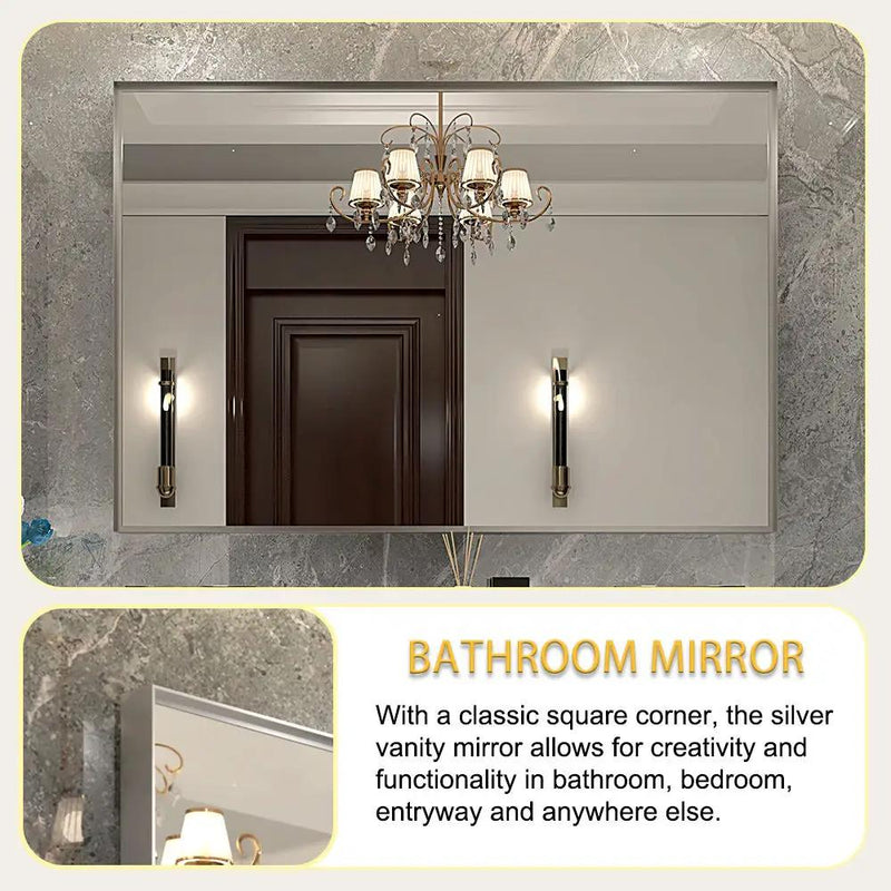 40X30" Silver Rectangular Wall-Mounted Beveled Bathroom Mirror, Square Angle Metal Frame Wall Mounted Bathroom Mirrors For Wall (Horizontal & Vertical) - Silver by Unique Piece Furniture