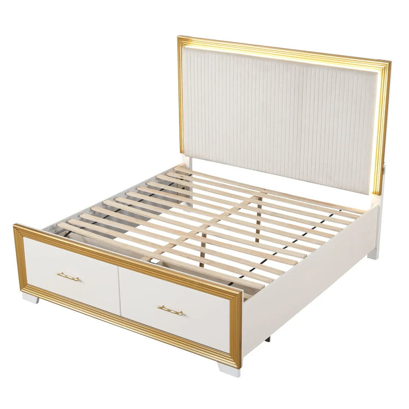 Obsession - Queen Size Bed With LED Headboard And Footboard Storage Drawer - White by HouseOfZazla