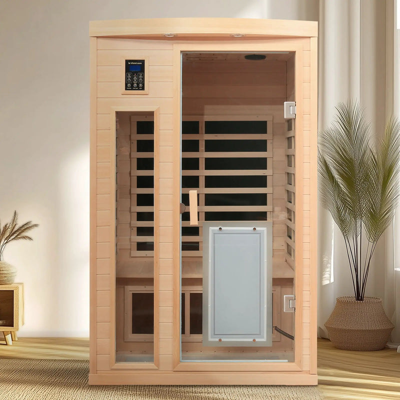 Low Emf Front Door With Heating Panel 2 Person Hemlock Far Infrared Indoor Suana Room - Natural by HouseOfZazla