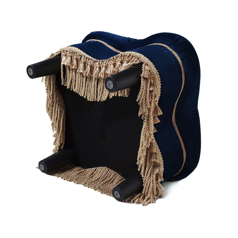 Ellen - Upholstered Clover Ottoman With Gold Bullion Fringe - Navy Blue by HouseOfZazla